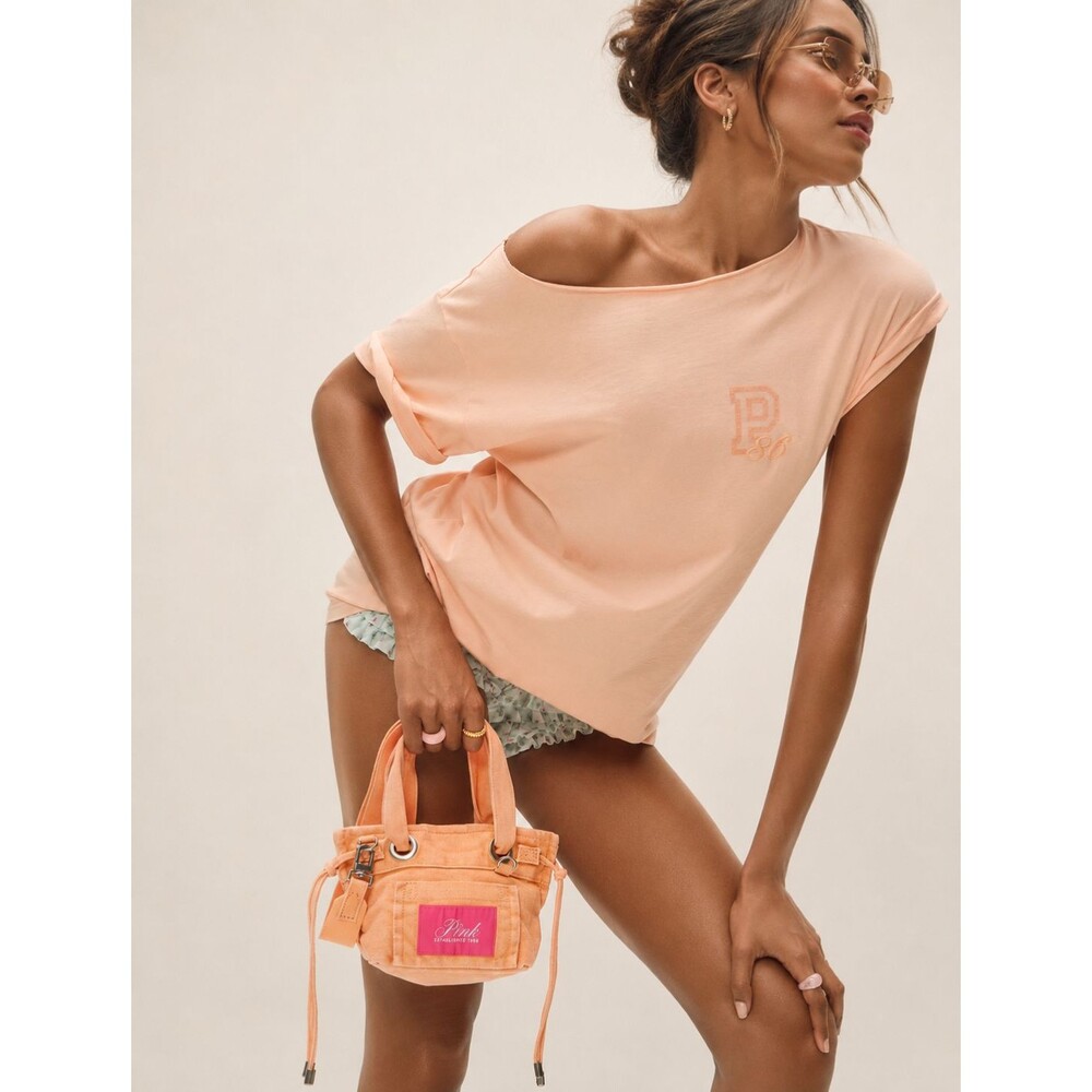 VICTORIA’S SECRET PINK Mini Canvas Crossbody Tote Peach Tassel Bag Y2K 434954QEJ
